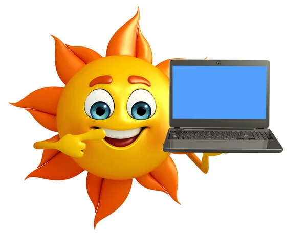 Sun karaktär med Laptop — Stockfoto
