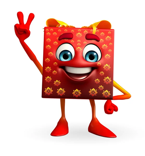 Gift Box Character with victory sign — Stock Photo, Image