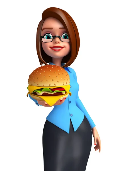 Joven chica de oficina con hamburguesa — Foto de Stock
