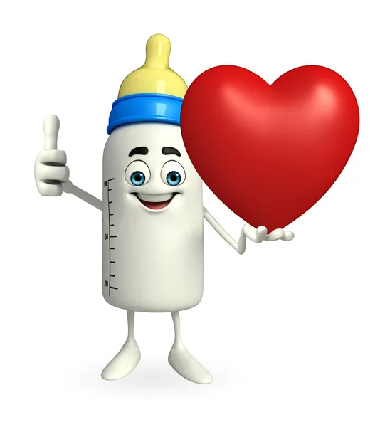 Baby Bottle character with red heart — Stock Photo, Image