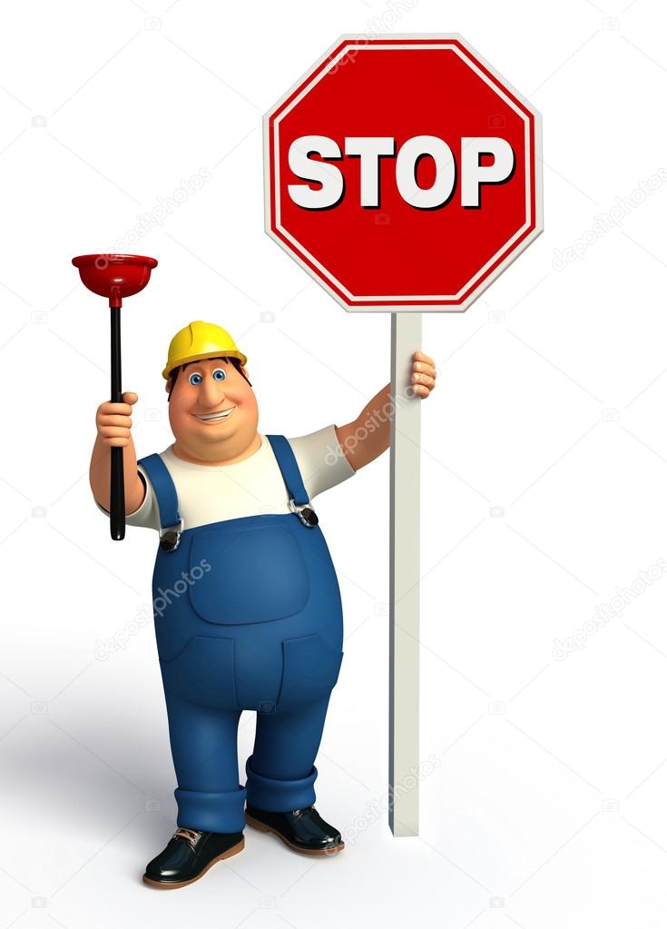 Young Plumber with stop sign