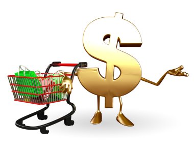 Doları karakter arabası ve alışveriş torbaları