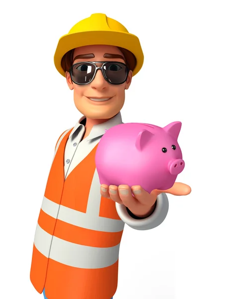 Jonge werknemers met piggy bank — Stockfoto