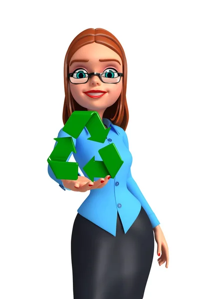 Молодая офисная девушка с иконой переработки — стоковое фото