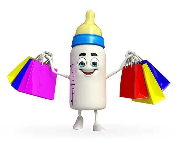 Baby Bottle character with shopping bag — Stock Photo, Image