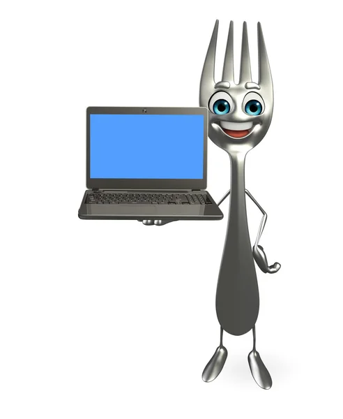 Charakter widelec z laptopa — Zdjęcie stockowe