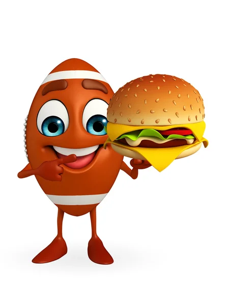 Rubgy personaje de la bola con hamburguesa — Foto de Stock