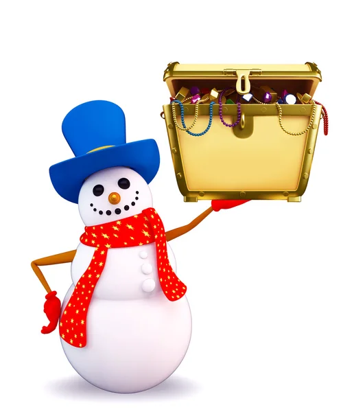 Personaje muñeco de nieve con caja del tesoro —  Fotos de Stock