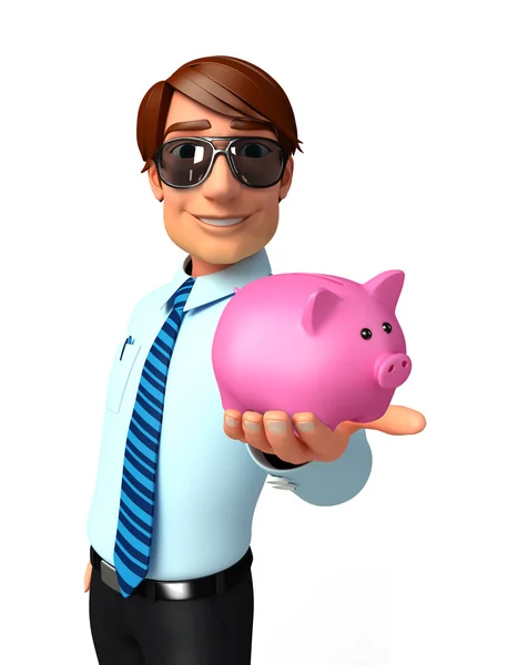 Service jongeman met piggy bank — Stockfoto