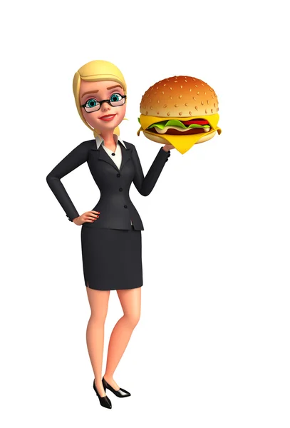 Jeune femme d'affaires avec hamburger — Photo