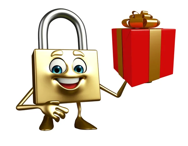Lock Character with gift box — Stock Photo, Image