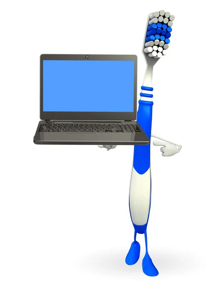 Tandborste karaktär med laptop — Stockfoto