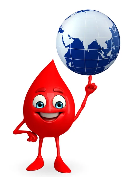 Blood Drop Character with globe — Stock Photo, Image