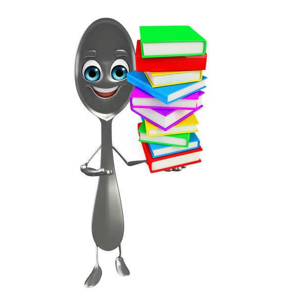 Spoon character with books pile — Stock Photo, Image