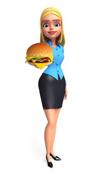 Joven chica de oficina con hamburguesa — Foto de Stock