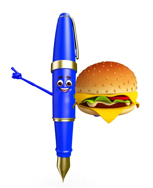 Pen Character with burger — Stock Photo, Image