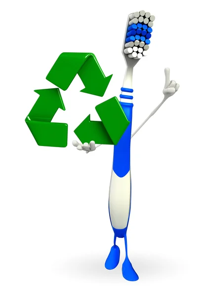 Caráter de escova de dentes com ícone de reciclagem — Fotografia de Stock