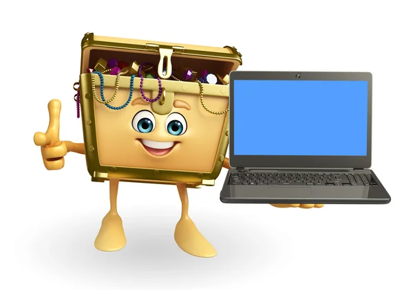 Treasure box character with laptop — Stock Photo, Image