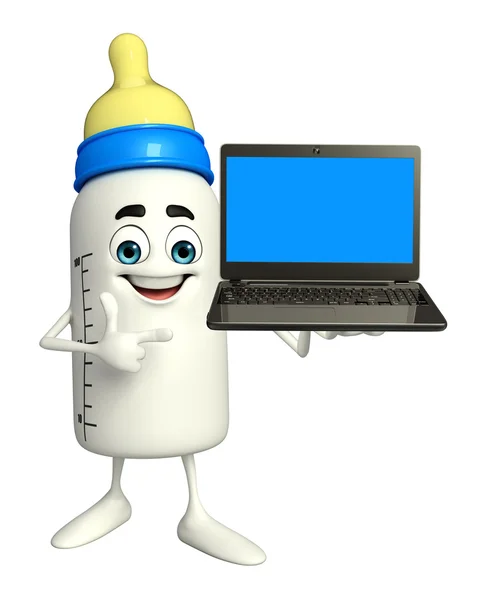Baby Bottle character with Laptop — Stock Photo, Image