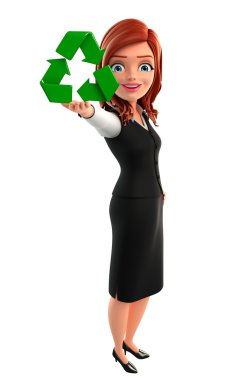 Genç iş kadını geri dönüşüm simgesiyle