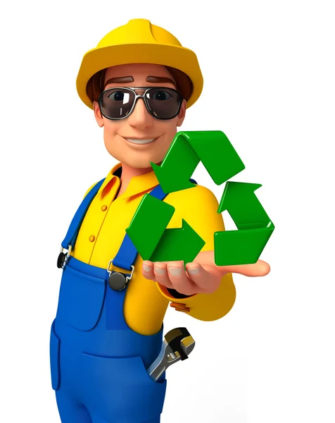 Young Mechanic met recycle pictogram — Stockfoto