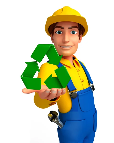 Junge Mechanikerin mit Recycling-Ikone — Stockfoto