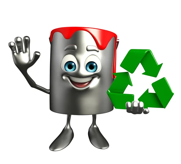 Verf emmer karakter met recycle pictogram — Stockfoto