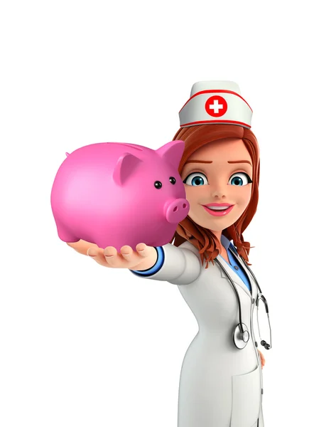 Personagem de enfermeira com banco porquinho — Fotografia de Stock