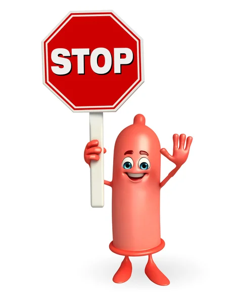 Condom Character with stop sign — Stock Photo, Image