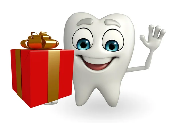 Personagem dos dentes com caixa de presente — Fotografia de Stock
