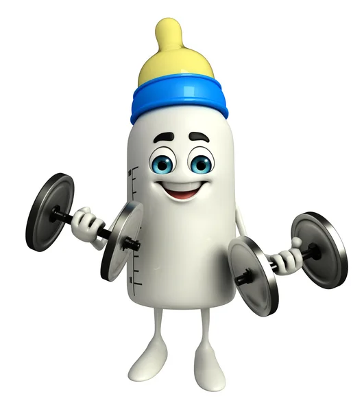 Baby Bottle character with dumbbells — Stock Photo, Image