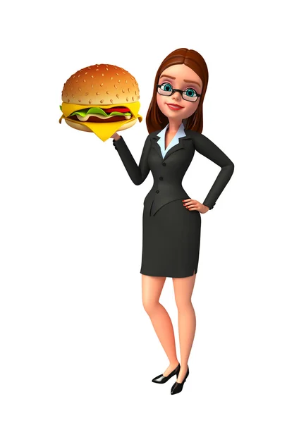 Mujer joven de negocios con hamburguesa — Foto de Stock