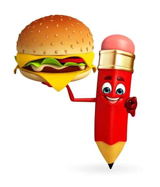 Potlood karakter met Hamburger — Stockfoto