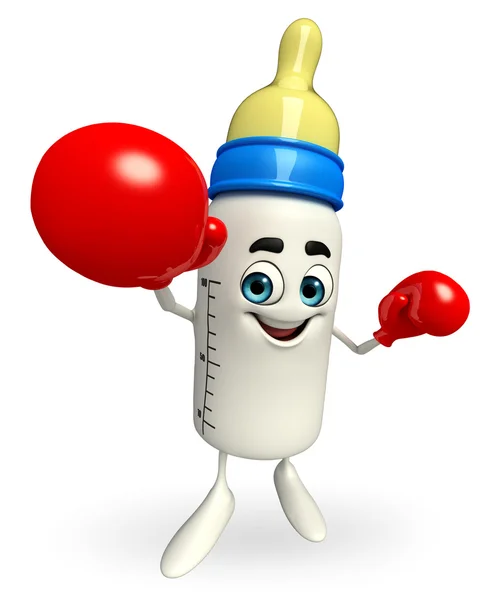 Baby Bottle character with Boxing Gloves — Stock Photo, Image