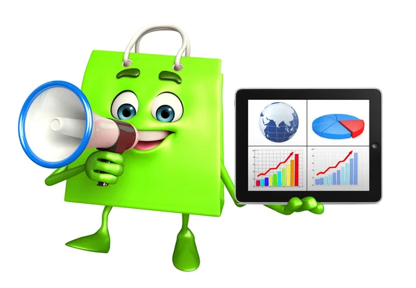 Shopping bag character with business graph — Stock Photo, Image