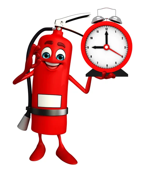 Fire Extinguisher character with table clock — Stock Photo, Image