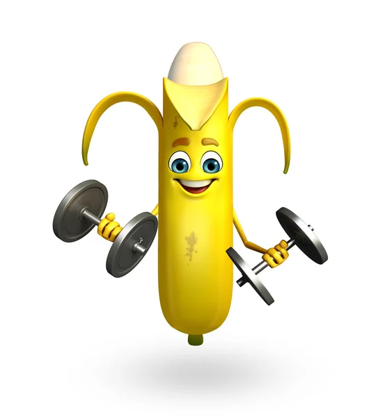 Caráter dos desenhos animados de banana fruta com pesos — Fotografia de Stock