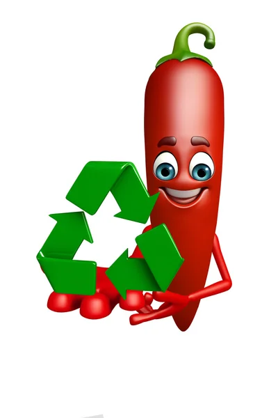 Personaggio cartone animato di frutta peperoncino rosso con icona di riciclaggio — Foto Stock