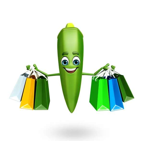 Cartoon character of ladyfinger with shopping bag — Stock Photo, Image