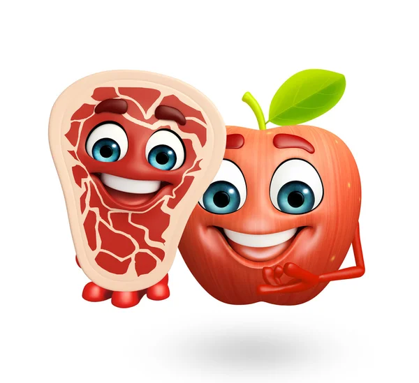 Cartoon character of apple fruit with meat steak — Stock Photo, Image