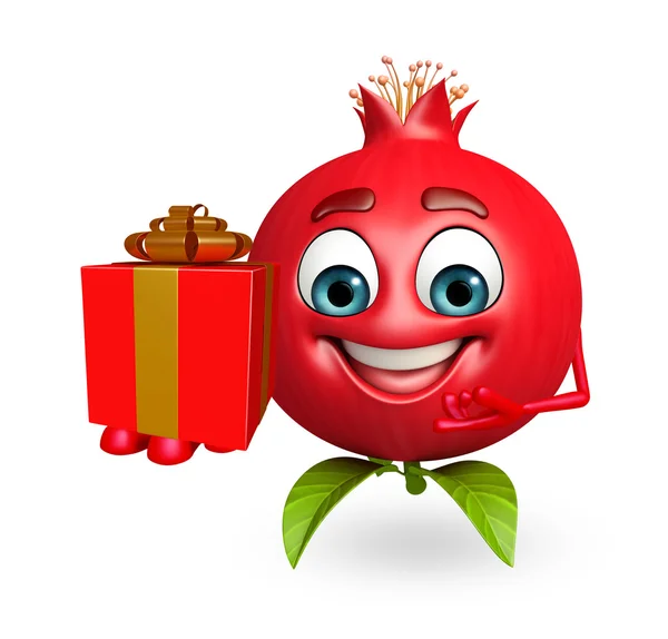 Cartoon character of pomegranate fruit with gift box — Stock Photo, Image