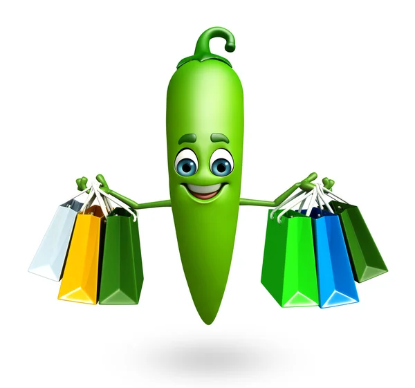 Personagem de desenhos animados de pimentão verde com saco de compras — Fotografia de Stock