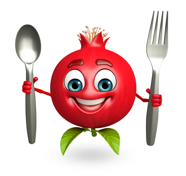 Cartoon character of pomegranate fruit with spoon — Stock Photo, Image