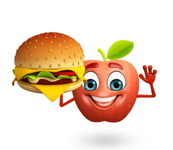 Cartoon character of apple fruit with burger — Stock Photo, Image