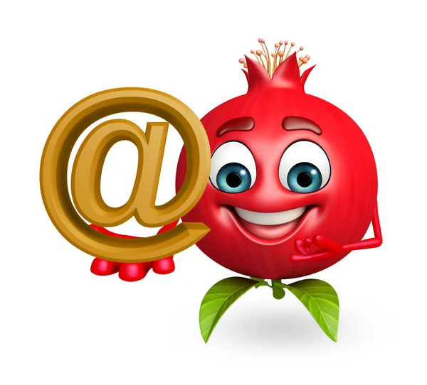 Cartoon character of pomegranate fruit with at the rate sign — Stock Photo, Image