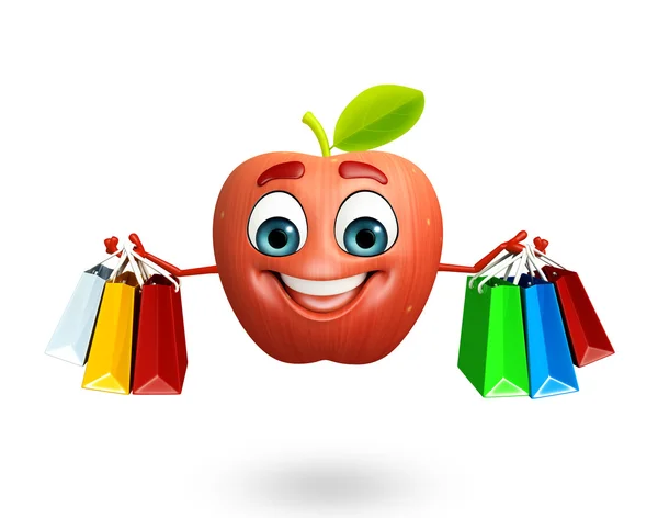 Cartoon character of apple fruit with shopping bag — Stock Photo, Image