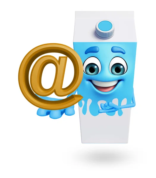 Cartoon character of milk mug with at the rate sign — Stock Photo, Image