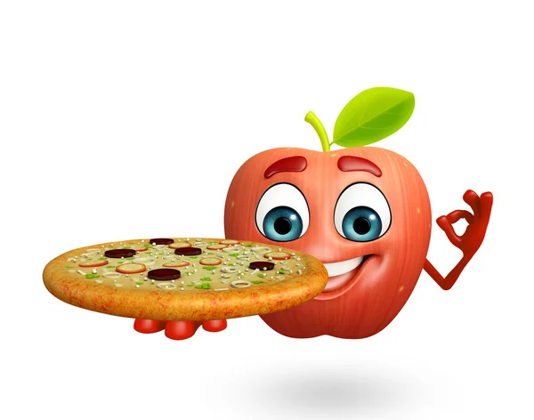 Cartoon character of apple fruit with pizza — Stock Photo, Image