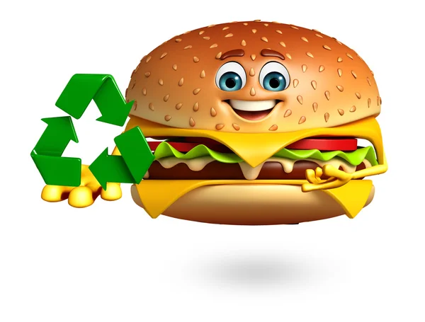 Kreslená postavička Burger s ikonou recyclibg — Stock fotografie