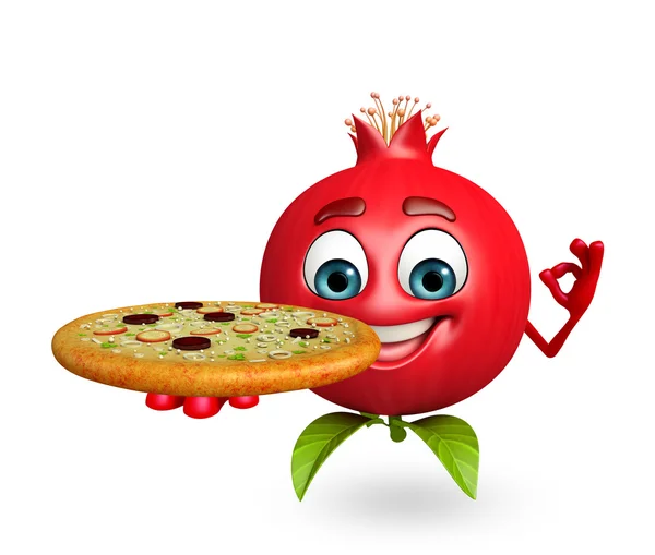 Мультфильм характер гранатовых фруктов с пиццей — стоковое фото